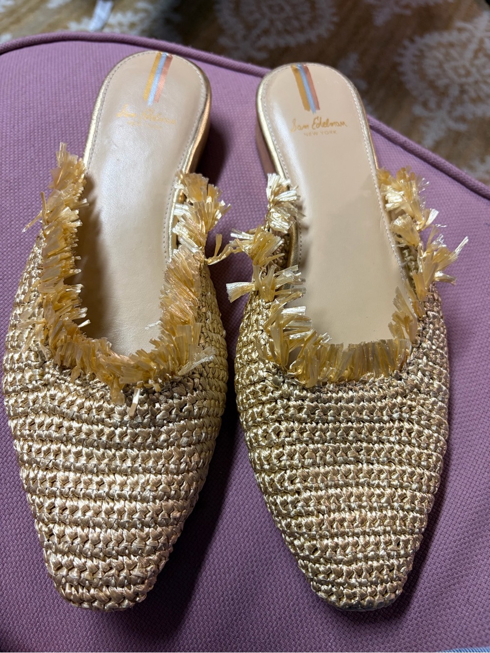 Sam Edelman Gold Raffia Fringe Mules